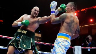 Fury lands a straight left but he was in serious trouble against Usyk in round nine and was close to being stopped