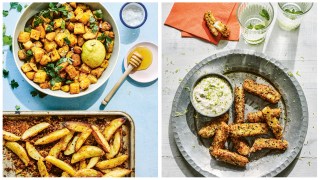 From left: baked spicy potatoes, top, and roasted lemon and honey potatoes; sesame halloumi fries with chilli yoghurt