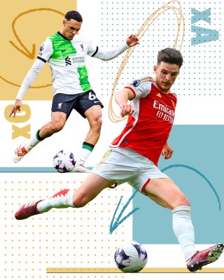 The switch pass is a trademark skill of Alexander-Arnold, right, but Rice, left, rarely plays long diagonal balls for Arsenal