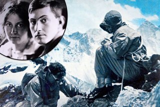 George Mallory reaching the summit of Pokalde in Nepal with Fanny Bullock Workman. Left, Mallory with his wife, Ruth