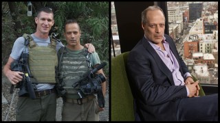 Sebastian Junger, right, with the photojournalist Tim Hetherington in Afghanistan, 2008. Right: Junger, 62, in the cloudM bar at the citizenM New York Bowery hotel