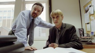 Ricky Gervais as manager David Brent and MacKenzie Crook as Gareth Keenan his assistant in The Office