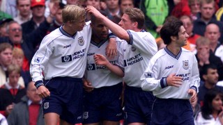 Ferdinand, second left, celebrates sheepishly with Iversen, Freund and Dominguez after giving Spurs the lead