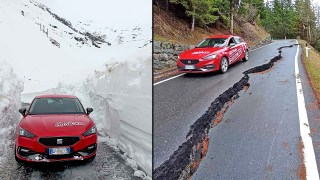 The depth of snow at the top of the Stelvio climb, left, has proved prohibitive with only a week before the peloton arrives, but the road surface has also suffered serious damage in the cold temperatures