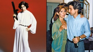 Carrie Fisher as Princess Leia in 1977. Right: with Griffin Dunne