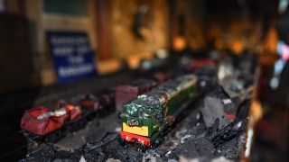 Burnt-out model trains following the arson attack at Bo’ness & Kinneil Railway in Scotland