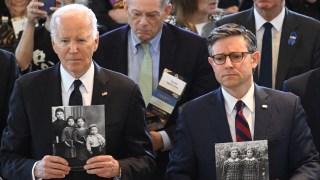 Biden and Mike Johnson, the House Speaker, held up images of Holocaust victims as the president sought to reiterate his commitment to Israel