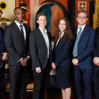 Finalists of the annual Times Law Essay prize: Jonathan Stelzer, Jonathan Macarthy, Jay Staker, Laura Wilson, Maximilian Mutkin and the winner, Henrik Tiemroth, at the Guildhall in London