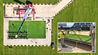 The pitch, grown 1,200 miles away, is lowered in by a crane at Eisenhower Park where it will bind with the undersoil and be tended to before the first of eight matches begins on June 3