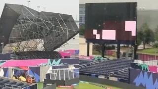 Scaffolding, left, and giant screen at the Grand Prairie Stadium in Texas were destroyed by a tornado