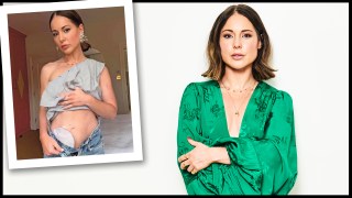 Louise Thompson at home. Inset: showing her stoma bag in an Instagram post