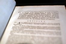 A copy of former President George Washington's personal copy of the Constitution and Bill of Rights is displayed at Christie's auction house