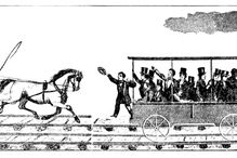 Etching of race between the Tom Thumb steam locomotive and a train pulled by a horse.
