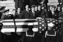 A picture of the casket of John F. Kennedy.