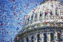 This is the U.S. Capitol during the Bicentennial of the Constitution Celebration. There are red, white and blue balloons falling around the Capitol Dome. It marks the dates that commemorate the Centennial 1787-1987.&#39;