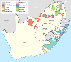 Map showing the Bantustans in South Africa at the end of the apartheid period, before they were reincorporated into South Africa proper.