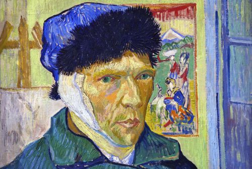 Face of van Gogh wearing a blue cap and a bandage over his ear.