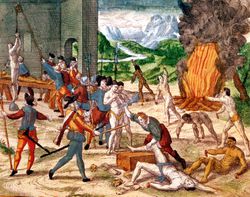 Painting of Spanish conquistadors torturing naive Americans
