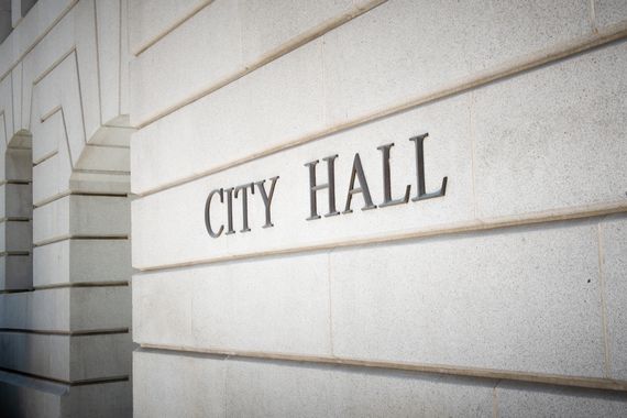 Close-up of City Hall sign on a wall, Los Angeles, California, USA.