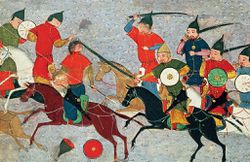 Colorful painting depicting Genghis Khan and soldiers in combat.
