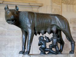 Creation Myth: Romulus and Remus suckled by the Capitoline Wolf bronze statue