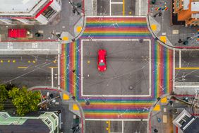 Aerial view of the rainbow crosswalk intersection in the Castro district