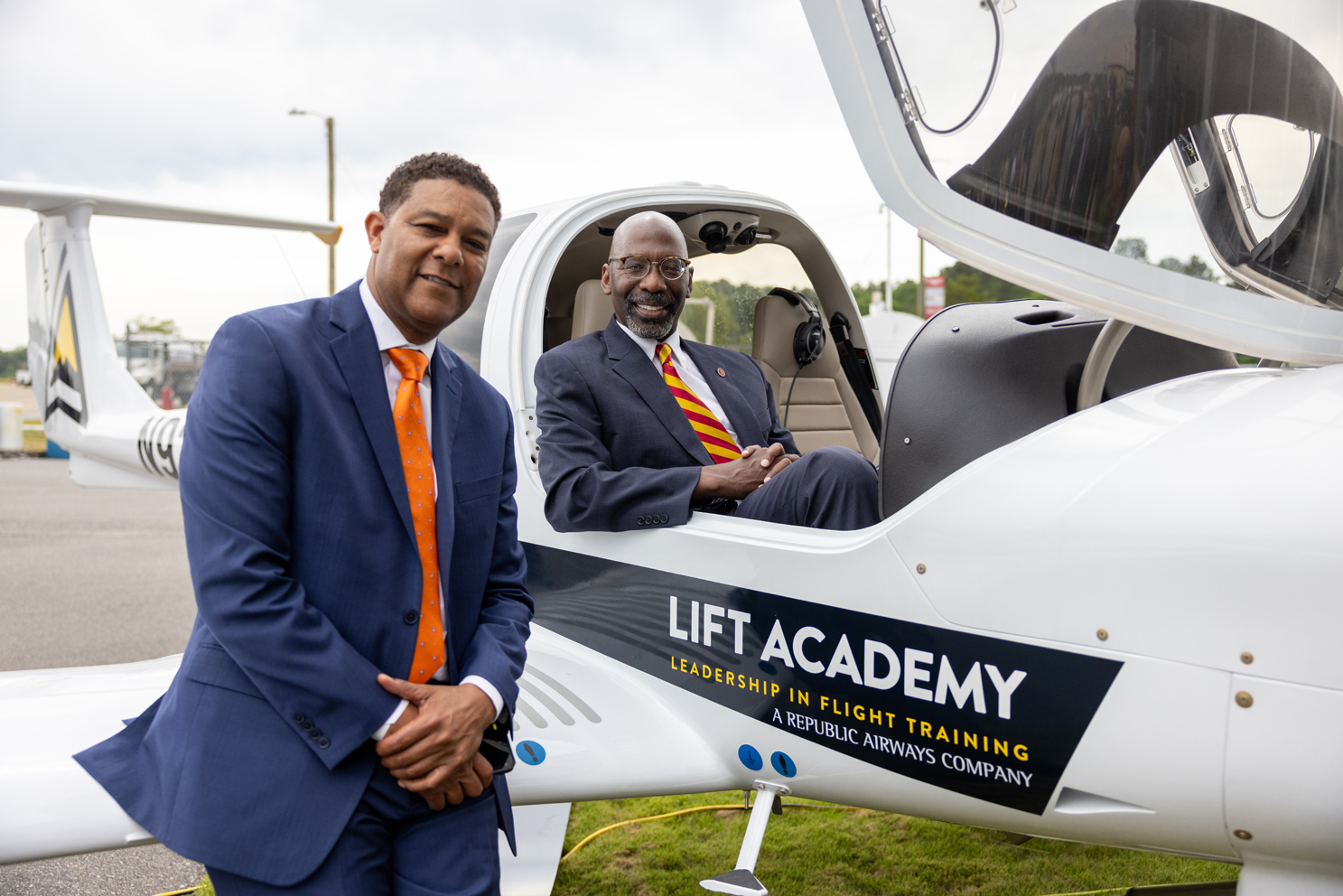 Provost S. Keith Hargrove tests the LIFT aircraft students will learn to fly, along with Darrel E. Morton, Sr. Manager Educational Programs and Diversity Partnerships, Republic Airways.