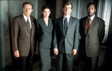 The cast of Law & Order: Jerry Orbach (Det. Lennie Briscoe), Angie Harmon (Asst. D.A. Abbie Carmichael), Sam Waterston (Exec. Asst. D.A. Jack Mccoy) and Jesse L. Martin (Det. Edward Green)