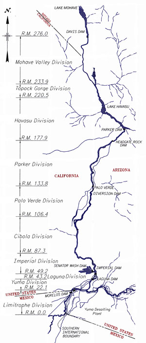 Lower Colorado River map showing location of Dams