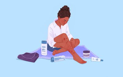An illustration with a person partaking in a self-care routine for psoriasis with different products for psoriasis around her