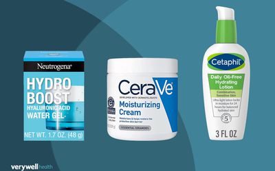 Moisturizers for dry skin we recommend on a blue background