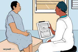 An illustration of a person speaking to a healthcare professional.
