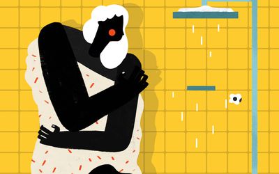 An illustration of a person itching near a shower