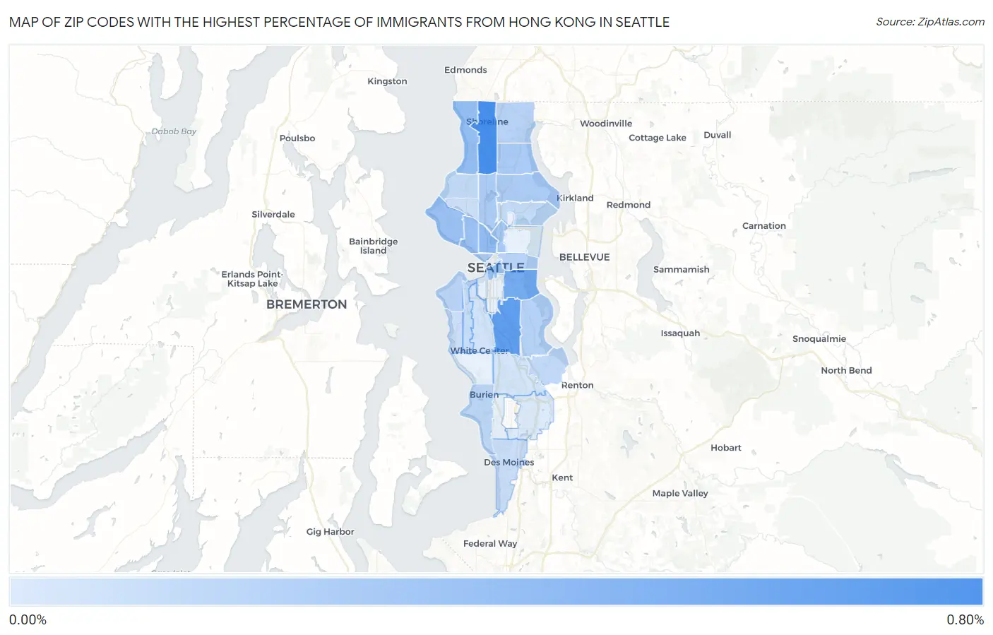 Zip Codes with the Highest Percentage of Immigrants from Hong Kong in Seattle Map