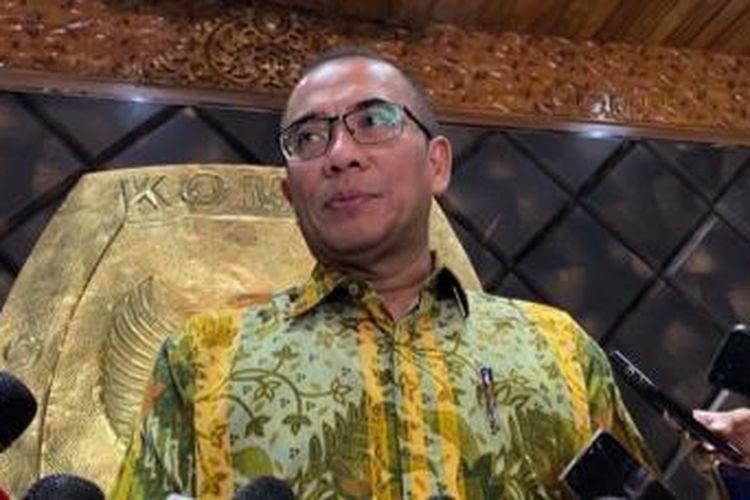 Ketua Komisi Pemilihan Umum (KPU) Hasyim Asyari buka suara terkait salah satu anggota KPU Padangsidimpuan, Parlagutan Harahap, yang ditetapkan sebagai tersangka dugaan pemerasan calon legislatif di Kantor KPU, Jakarta Pusat, Rabu (31/1/2023). 