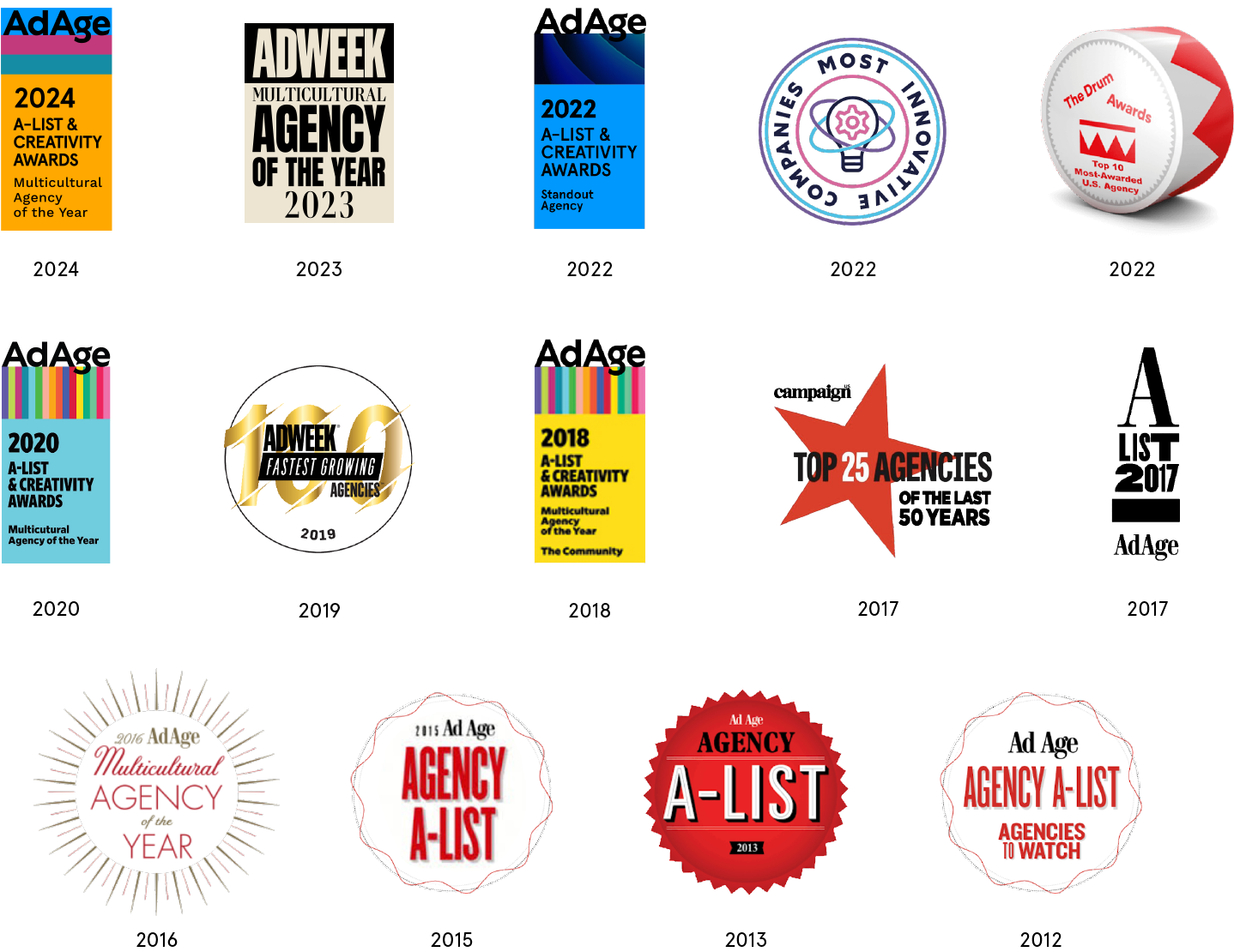 Awards logos from 2012 through 2024.