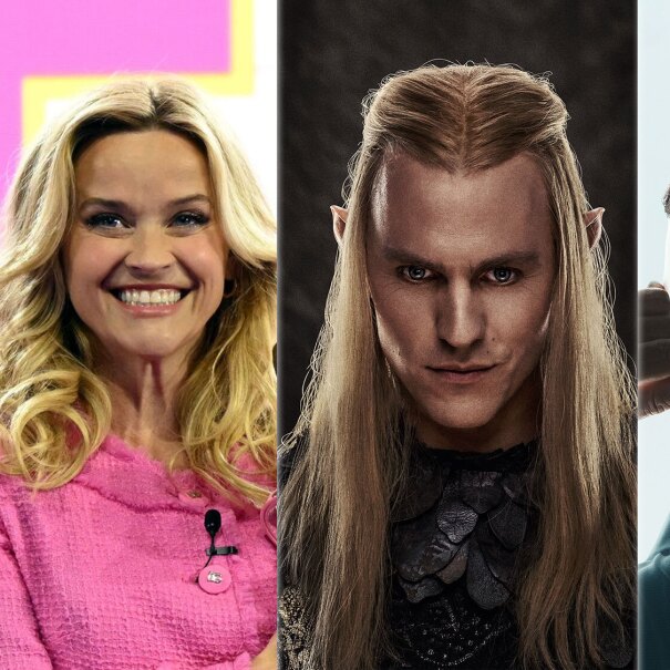 collage of reese witherspoon, a lord of the rings character, and the back of roger federer's head as part of prime videos new entertainment announcements at upfronts 2024