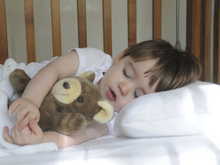 Sleeping toddler holding teddy in bed