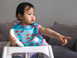 toddler in a highchair, holding a banana and pointing at something