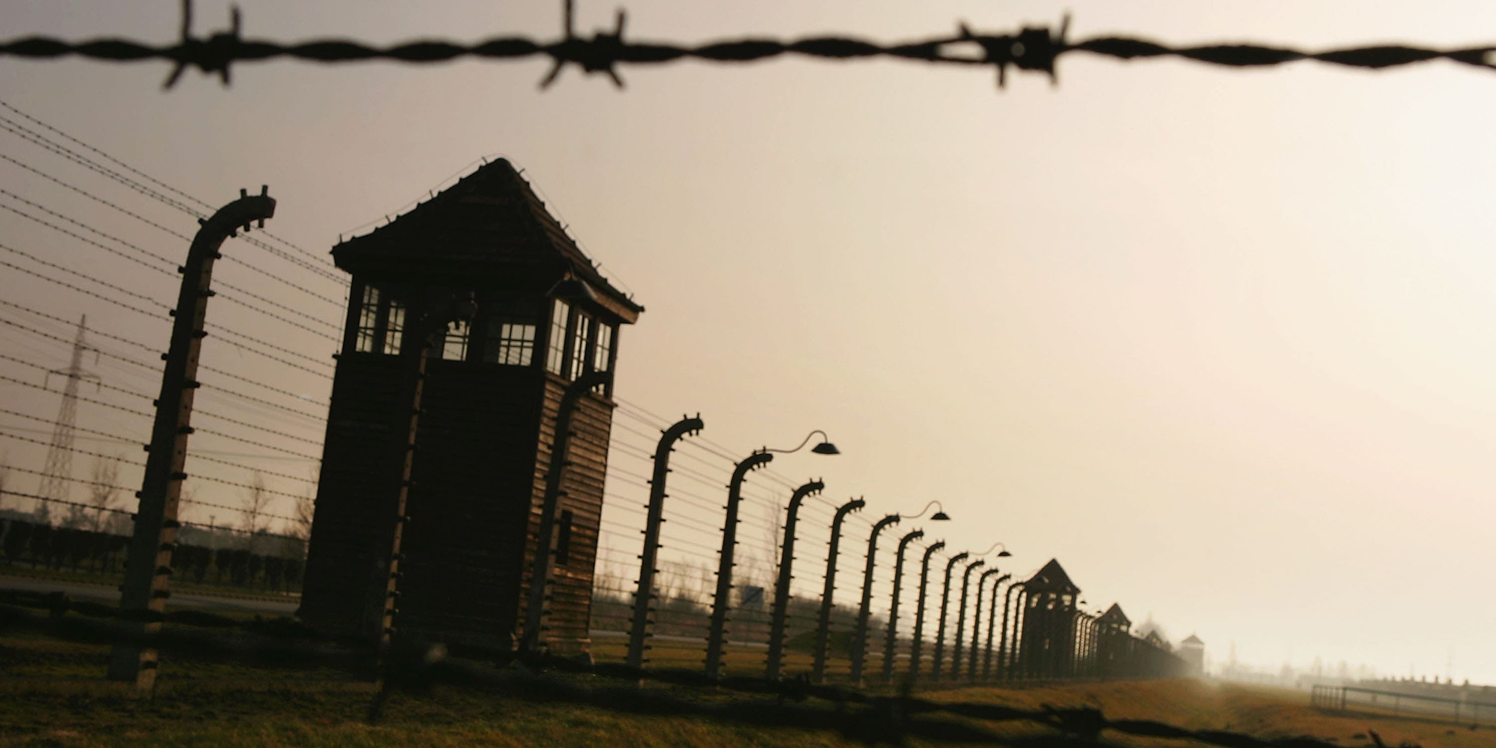 Watch towers surrounded by high voltage fences at Auschwitz II-Birkenau which was built in March 1942. The camp was liberated by the Soviet army on January 27, 1945.