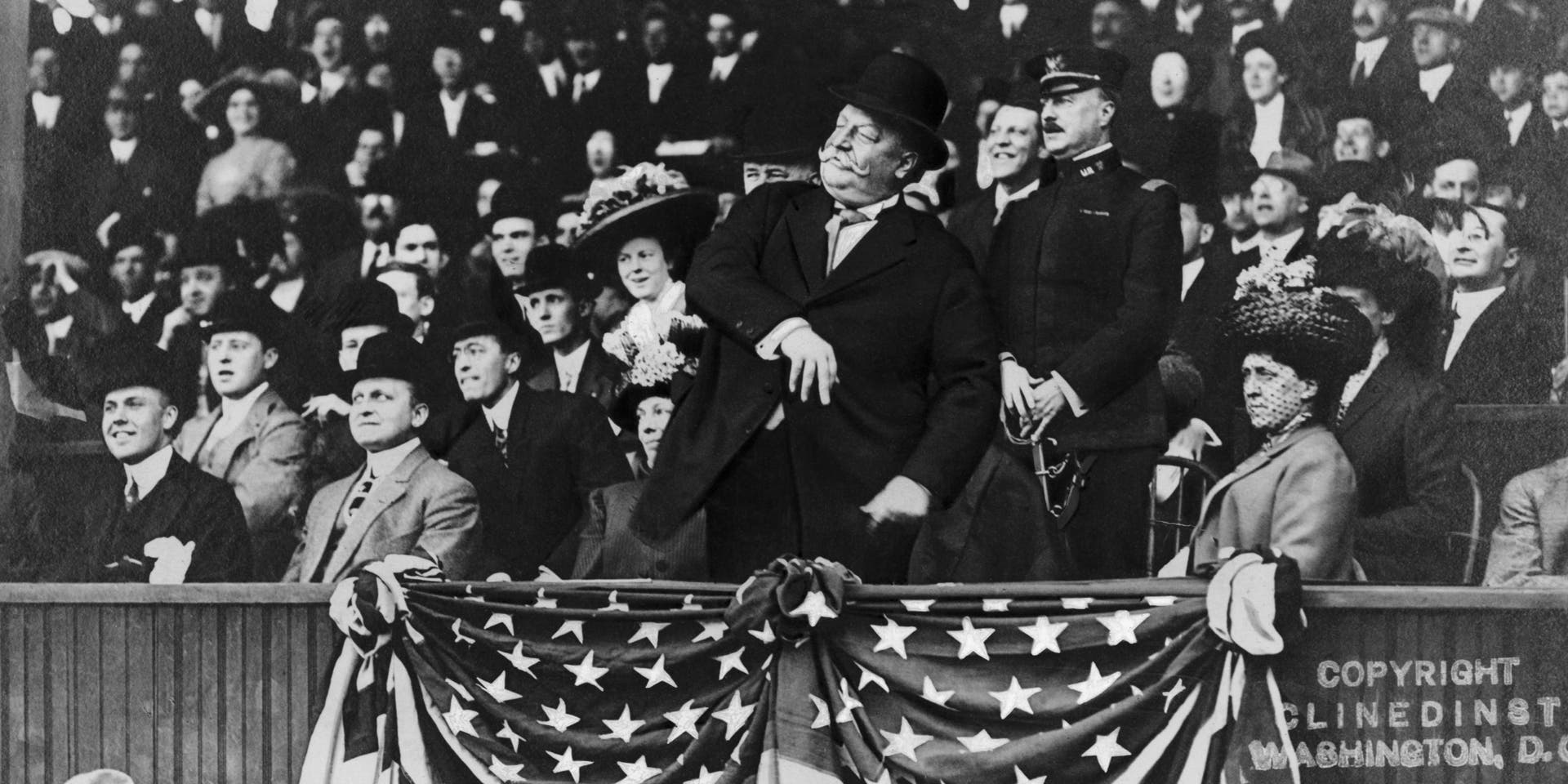 In this circa-1910 image, President William Howard Taft throws out the first pitch at a Major League Baseball Game.