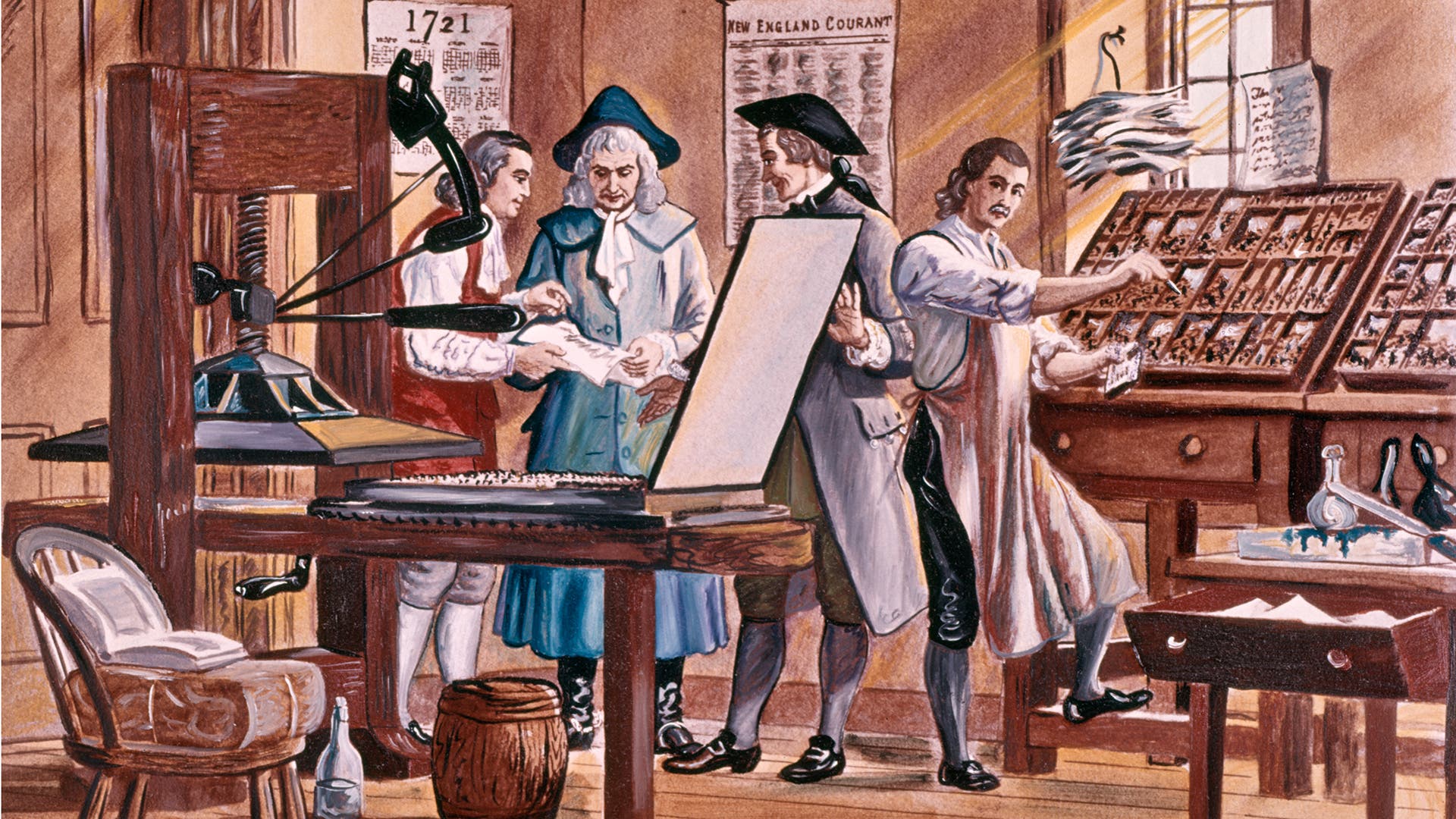 Benjamin Franklin is depicted at age 15 in his brother&#039;s printing office in Boston, Massachusetts.