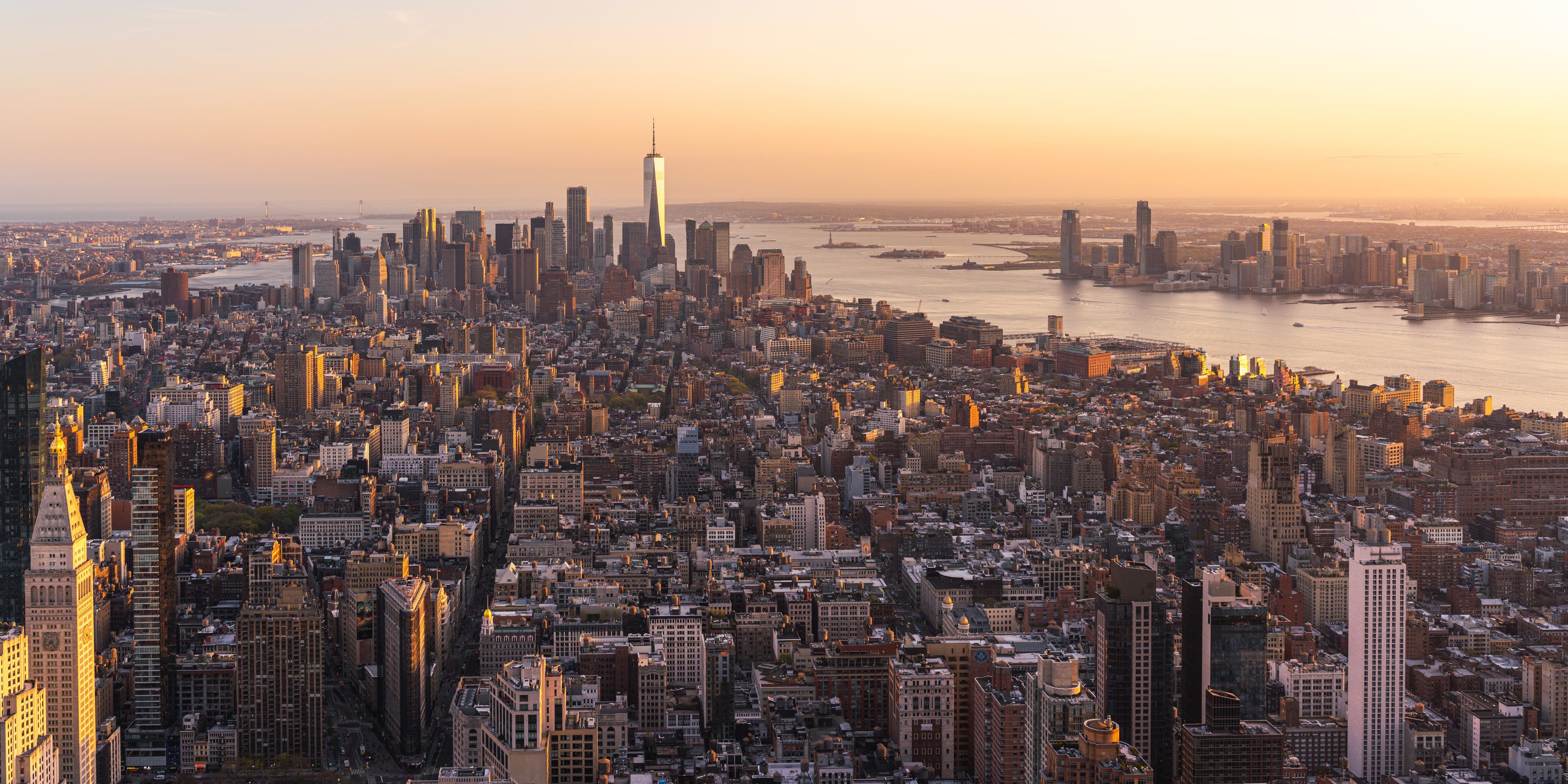 Sunset over Manhattan, high point of view. New York City, USA - stock photo