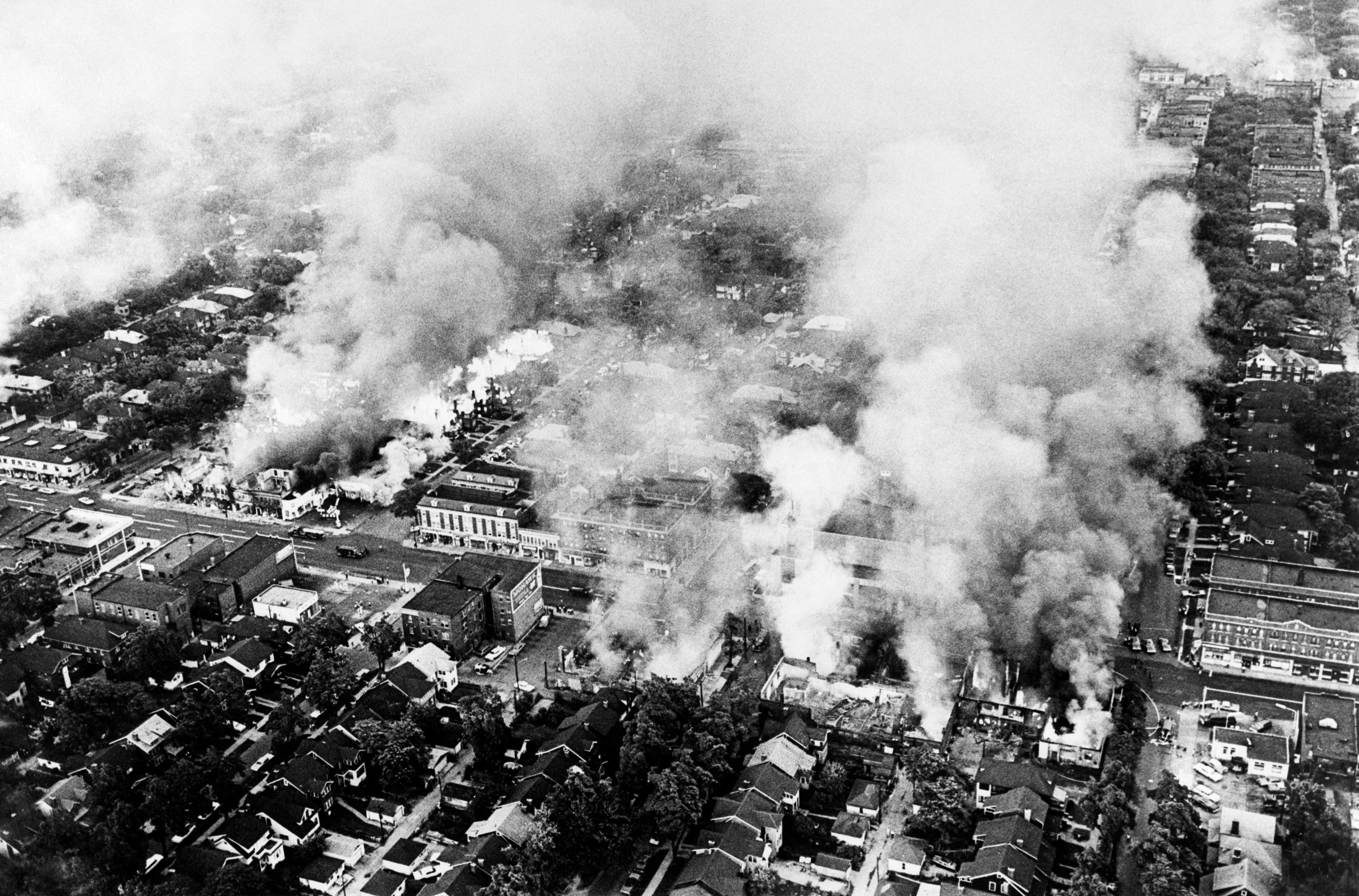 Aerial view of burning buildings in Detroit on July 25, 1967 during riots that erupted in Detroit following a police operation