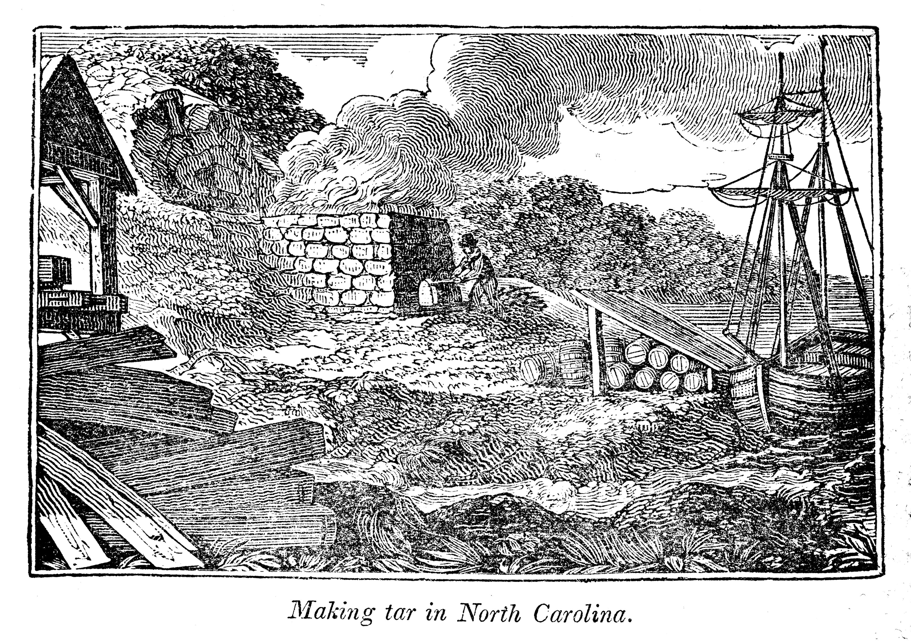 Illustration depicts aspects of the process of tar production, North Carolina, mid eighteenth century. Distilled pine wood was painted onto the surface of wooden boats for preservation. Published in &#039;A Pictorial History of The United States&#039; (1845). (Photo by Interim Archives/Getty Images)