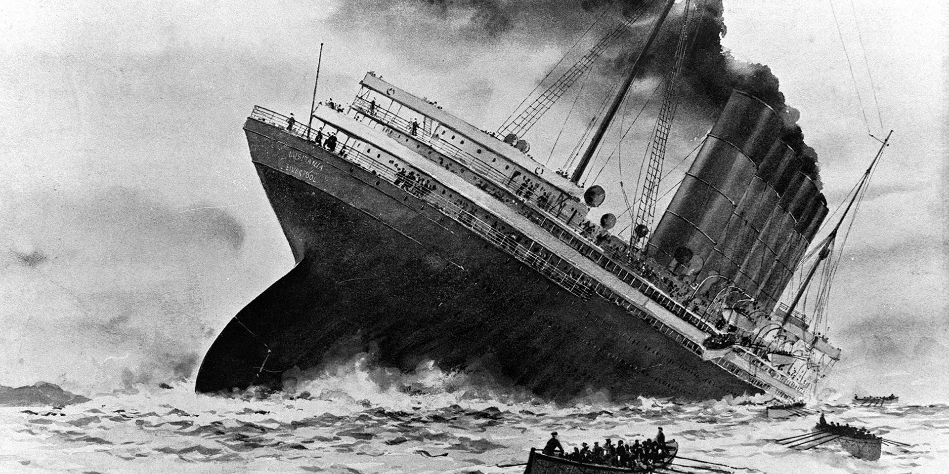 An illustration of the sinking of the British ocean liner RMS Lusitania, torpedoed by German U-boat U-20 off the old head of Kinsale, Ireland.