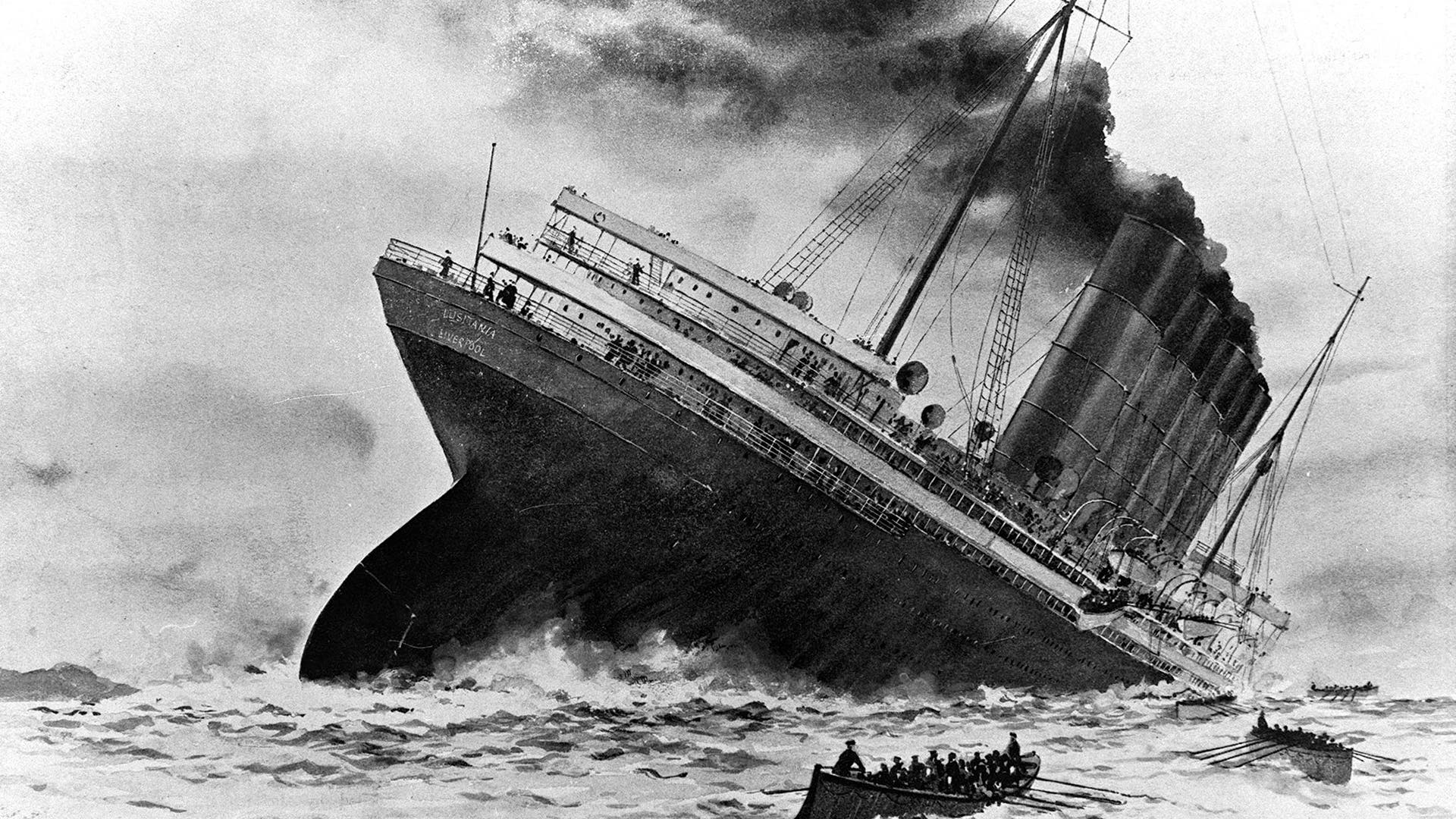 An illustration of the sinking of the British ocean liner RMS Lusitania, torpedoed by German U-boat U-20 off the old head of Kinsale, Ireland.