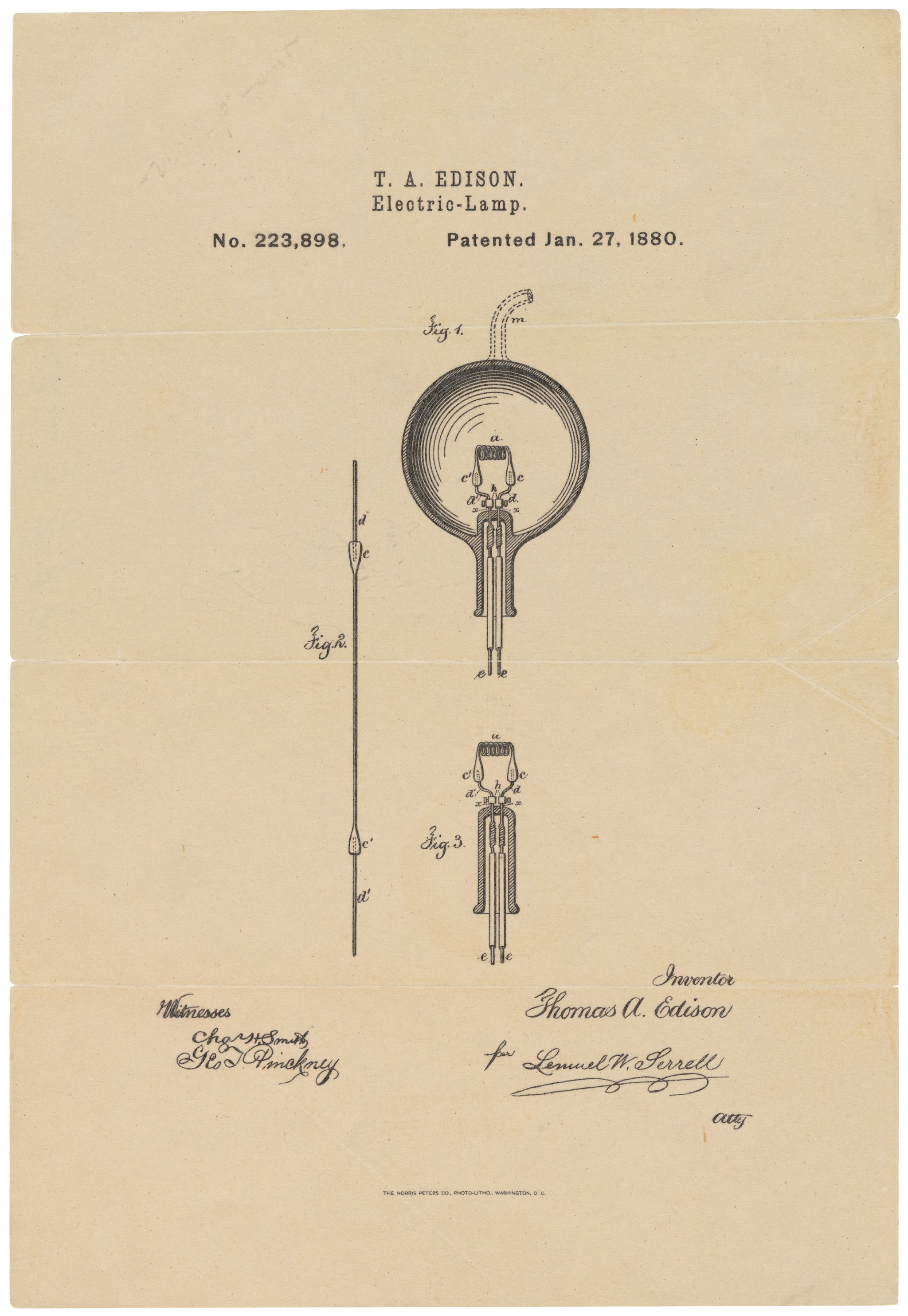 This is the printed patent drawing for the incandescent light bulb invented by Thomas A. Edison. 1880. (Photo by: HUM Images/Universal Images Group via Getty Images)
