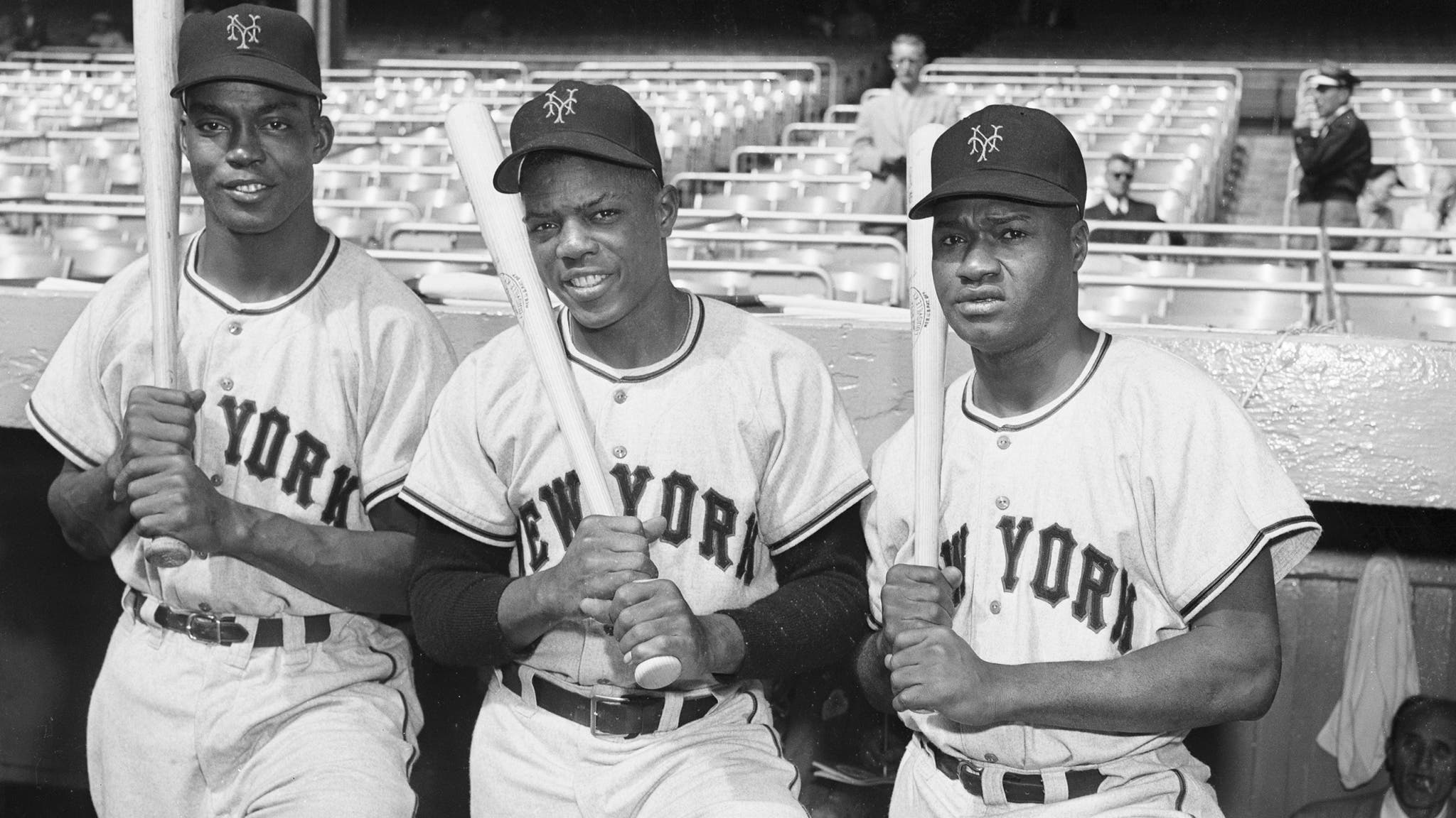 Former Giants Monte Irvin, Willie Mays and Hank Thompson