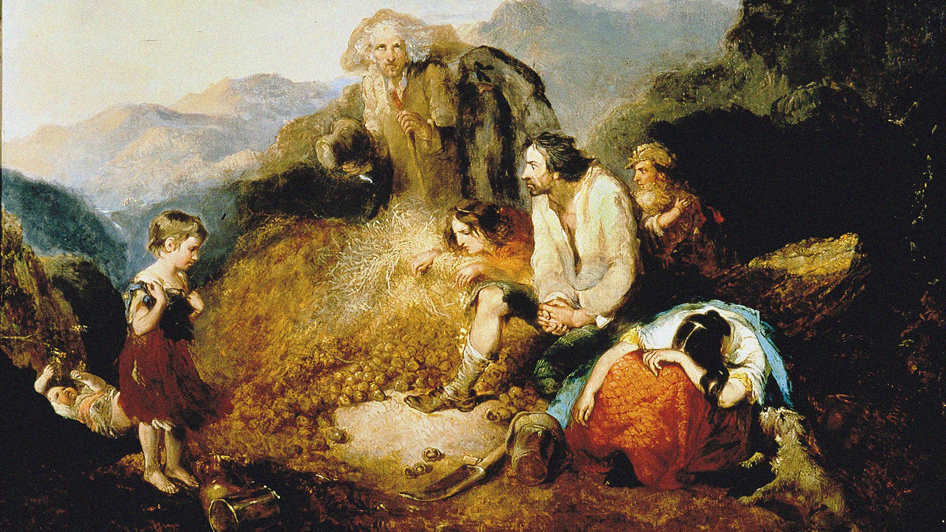 The Potato Blight, 1847, as depicted in a painting by artist Daniel MacDonald, in the collection of the The National Folklore Collection, Dublin.